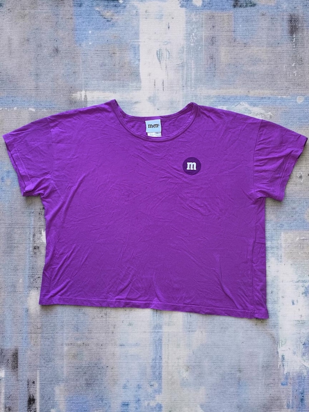 M&M's Women Cropped T Shirt Size XL Boxy Fit Purple Cotton Halloween Costume